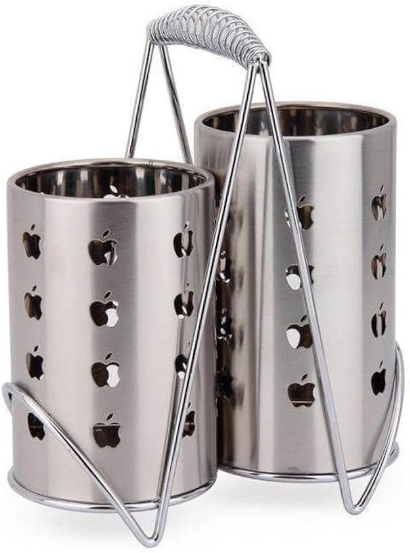Cutlery Holder Stainless Steel 2 In 1 Utensil Organizer With Drainer Double Cup Countertop Rack For Knives Spoons Forks Kitchen Storage